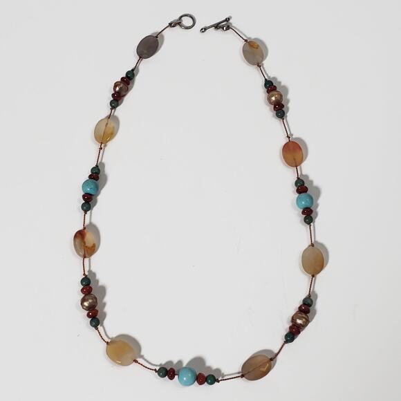 Agate Freshwater Pearl Carnelian Turquoise Bead Sterling Silver Toggle Necklace - Picture 1 of 6